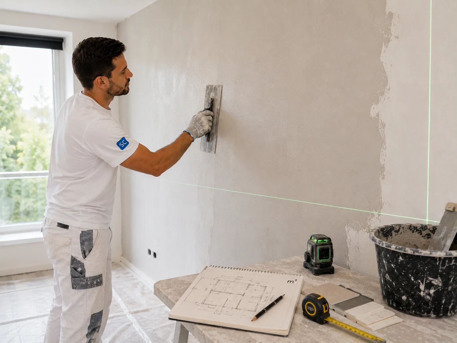 Stukadoor werkt een binnenmuur glad af in een Nederlandse woning
